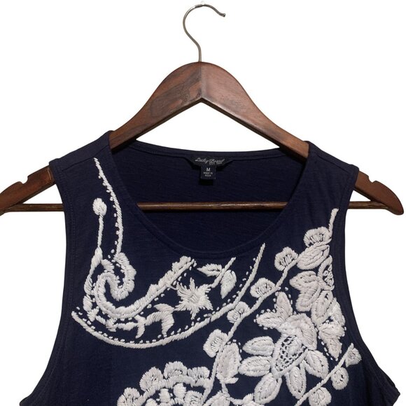 Lucky Brand Women's Top Navy Sleeveless Tank White Floral Embroidery Sz M Boho - Picture 6 of 15